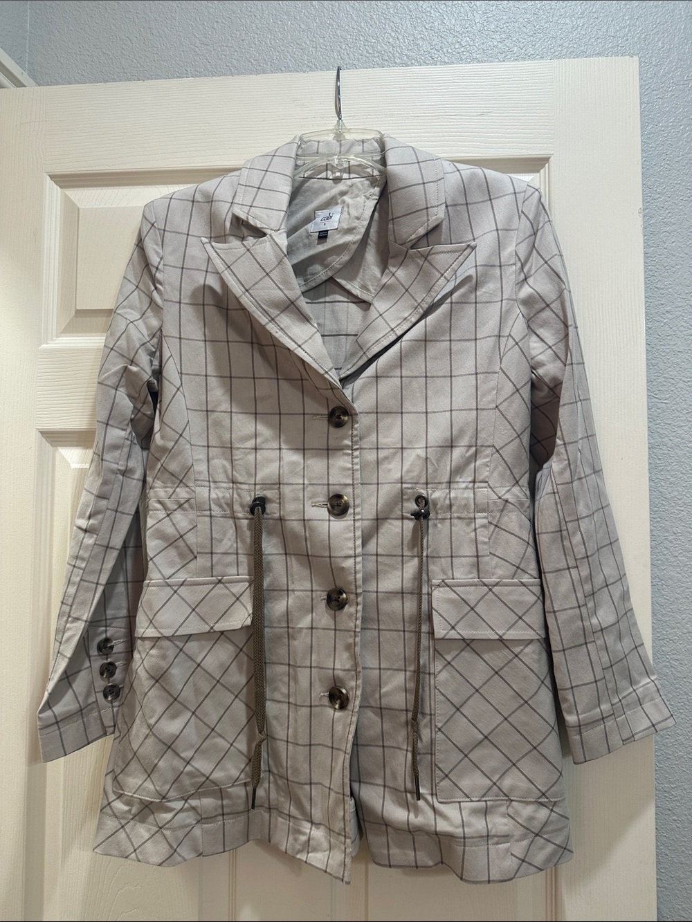 Cabi Windowpane Jacket Women’s Checked Drawstring Waist Coat Jacket - Light Gray